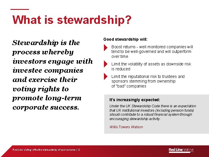 What is stewardship? Stewardship is the process whereby investors engage with investee companies and