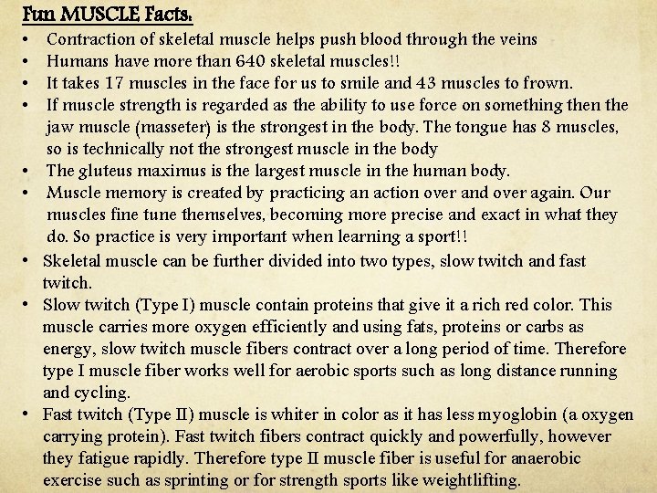 Fun MUSCLE Facts: • • • Contraction of skeletal muscle helps push blood through