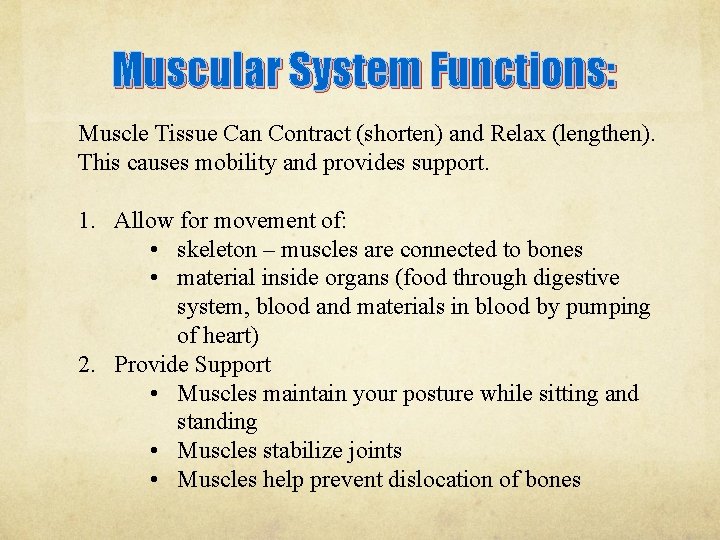 Muscular System Functions: Muscle Tissue Can Contract (shorten) and Relax (lengthen). This causes mobility