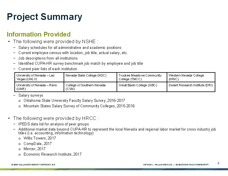 Project Summary Information Provided • The following were provided by NSHE : − − Project Summary Information Provided • The following were provided by NSHE : − −