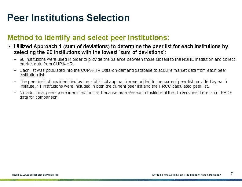 Peer Institutions Selection Method to identify and select peer institutions: • Utilized Approach 1 Peer Institutions Selection Method to identify and select peer institutions: • Utilized Approach 1