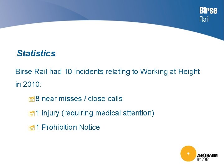 Statistics Birse Rail had 10 incidents relating to Working at Height in 2010: 8