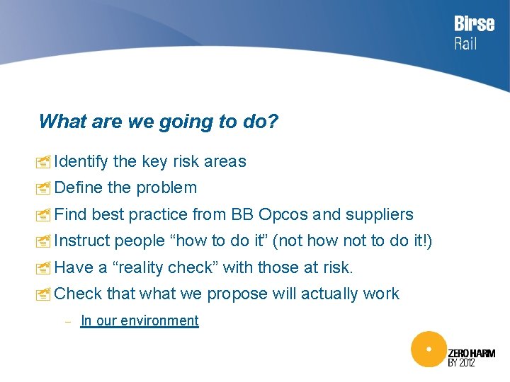 What are we going to do? Identify the key risk areas Define the problem