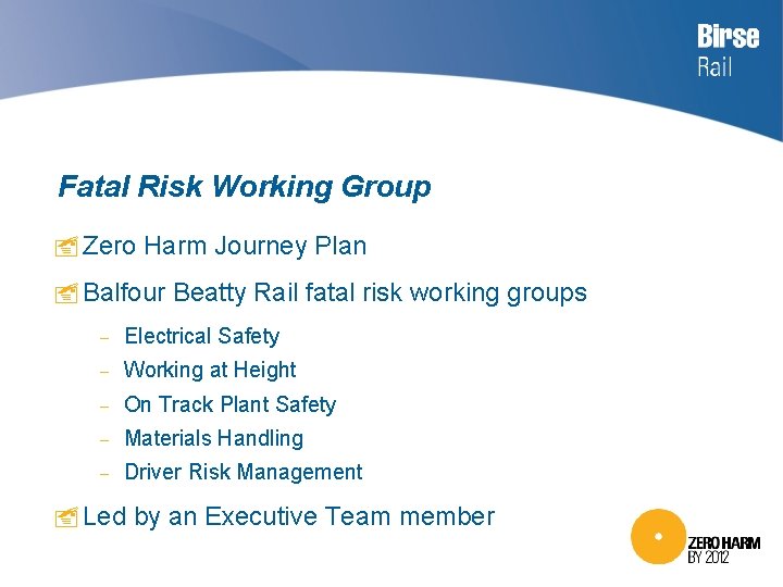 Fatal Risk Working Group Zero Harm Journey Plan Balfour Beatty Rail fatal risk working