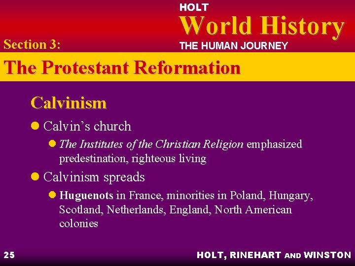 HOLT Section 3: World History THE HUMAN JOURNEY The Protestant Reformation Calvinism l Calvin’s