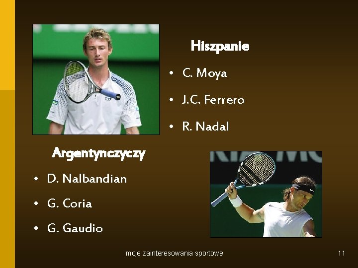 Hiszpanie • C. Moya • J. C. Ferrero • R. Nadal Argentynczyczy • D.