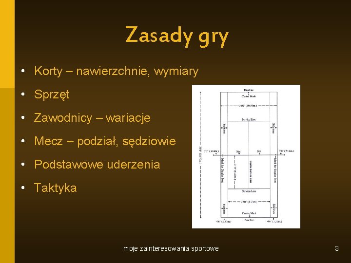 Zasady gry • Korty – nawierzchnie, wymiary • Sprzęt • Zawodnicy – wariacje • Zasady gry • Korty – nawierzchnie, wymiary • Sprzęt • Zawodnicy – wariacje •