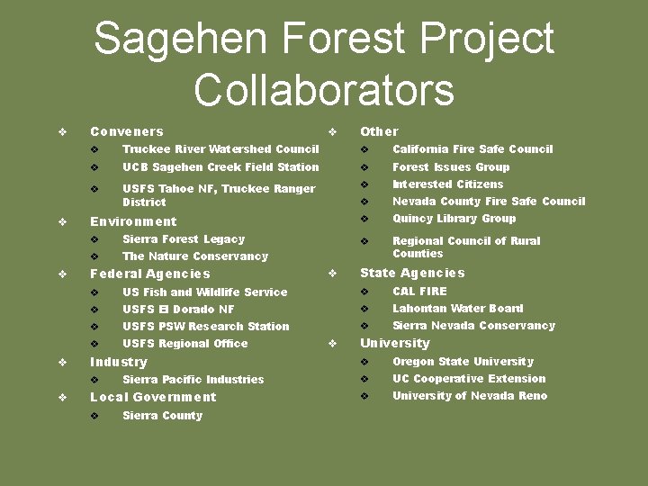 Sagehen Forest Project Collaborators v v Conveners Other v Truckee River Watershed Council v