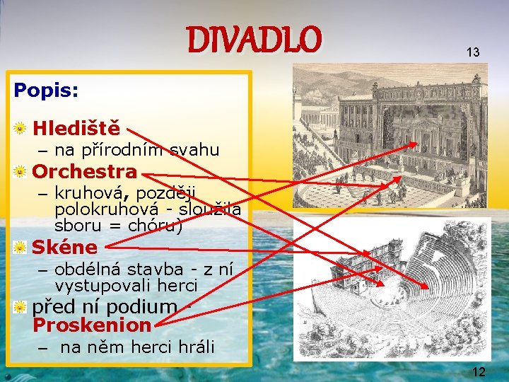 DIVADLO 13 Popis: opis Hlediště – na přírodním svahu Orchestra – kruhová, později polokruhová