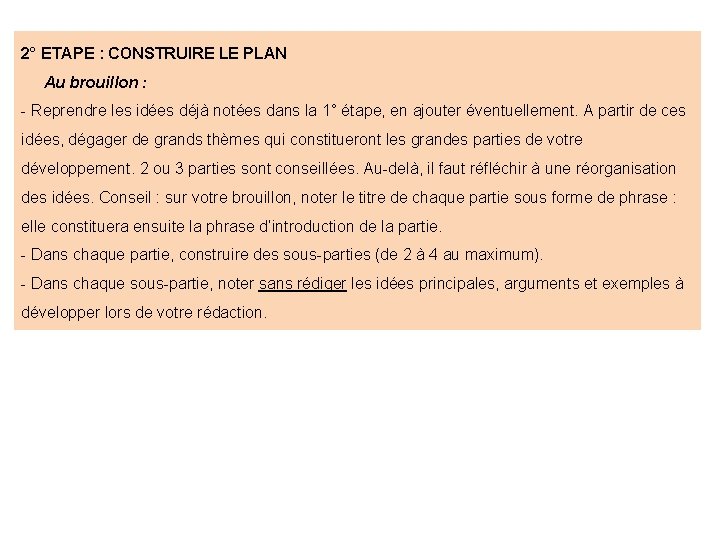 2° ETAPE : CONSTRUIRE LE PLAN Au brouillon : - Reprendre les idées déjà