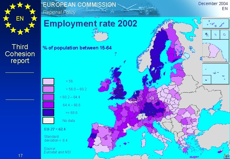 EUROPEAN COMMISSION Regional Policy EN Third Cohesion report Employment rate 2002 % of population