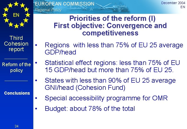 EUROPEAN COMMISSION Regional Policy EN Third Cohesion report Reform of the policy Conclusions 24