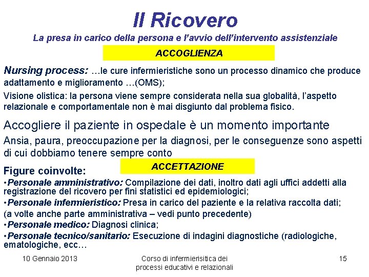 Il Ricovero La presa in carico della persona e l’avvio dell’intervento assistenziale ACCOGLIENZA Nursing