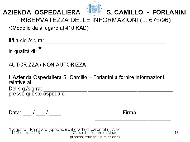 AZIENDA OSPEDALIERA S. CAMILLO - FORLANINI RISERVATEZZA DELLE INFORMAZIONI (L. 675/96) • (Modello da