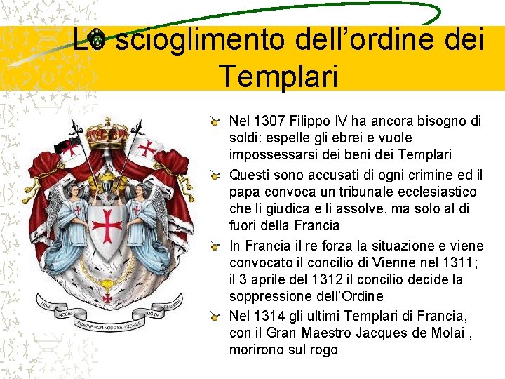 Lo scioglimento dell’ordine dei Templari Nel 1307 Filippo IV ha ancora bisogno di soldi: