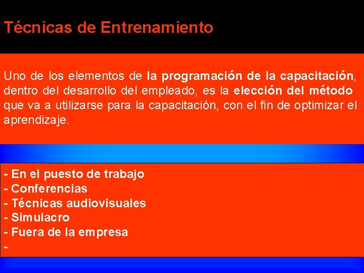 Técnicas de Entrenamiento Uno de los elementos de la programación de la capacitación, dentro