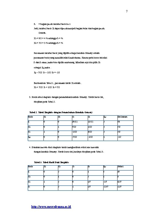7 fi = bagian pecah variabel basis ke-i Jadi, variabel basis Xi dapat dipecah