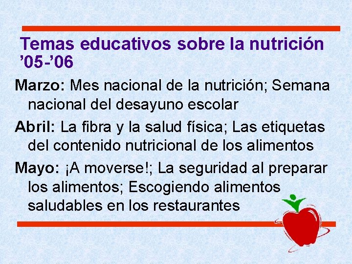 Temas educativos sobre la nutrición ’ 05 -’ 06 Marzo: Mes nacional de la Temas educativos sobre la nutrición ’ 05 -’ 06 Marzo: Mes nacional de la