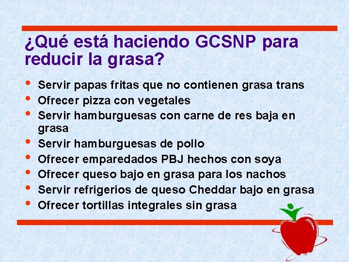 ¿Qué está haciendo GCSNP para reducir la grasa? • Servir papas fritas que no ¿Qué está haciendo GCSNP para reducir la grasa? • Servir papas fritas que no