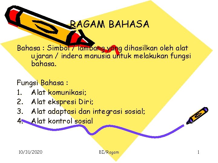 RAGAM BAHASA Bahasa : Simbol / lambang yang dihasilkan oleh alat ujaran / indera