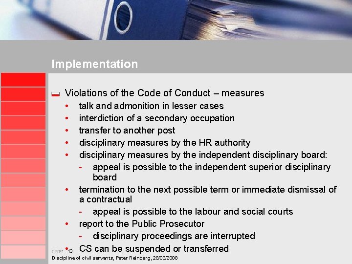 Implementation Violations of the Code of Conduct – measures • talk and admonition in