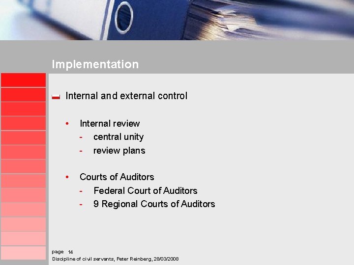 Implementation Internal and external control • Internal review - central unity - review plans