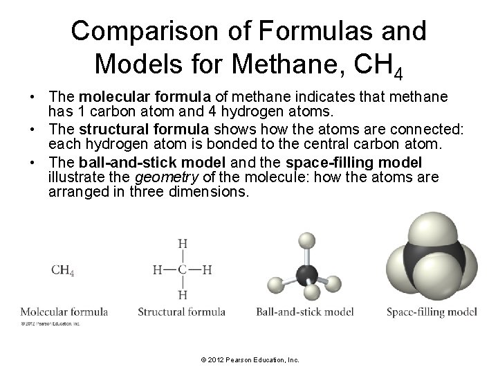 Comparison of Formulas and Models for Methane, CH 4 • The molecular formula of