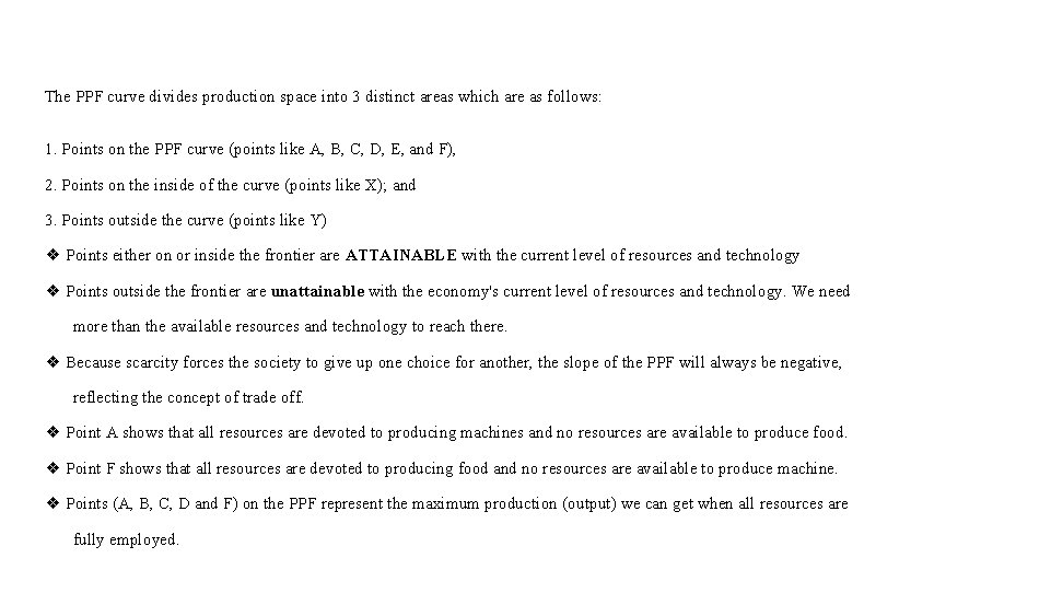 The PPF curve divides production space into 3 distinct areas which are as follows: