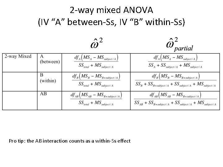 2 -way mixed ANOVA (IV “A” between-Ss, IV “B” within-Ss) Pro tip: the AB