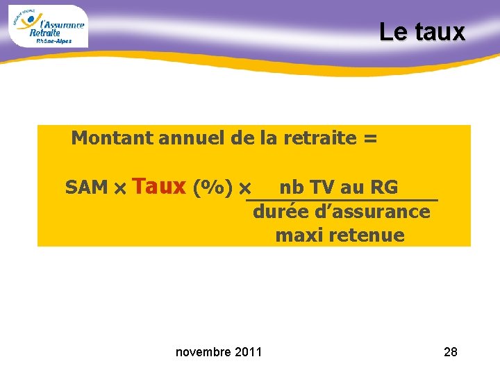 Le taux Montant annuel de la retraite = SAM Taux (%) nb TV au