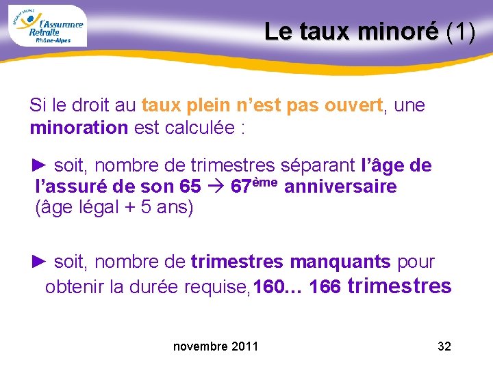 Le taux minoré (1) Si le droit au taux plein n’est pas ouvert, une