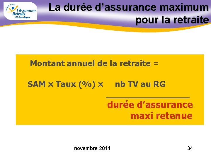 La durée d’assurance maximum pour la retraite Montant annuel de la retraite = SAM
