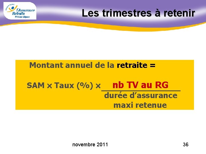 Les trimestres à retenir Montant annuel de la retraite = SAM Taux (%) nb