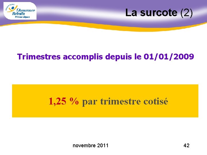 La surcote (2) Trimestres accomplis depuis le 01/01/2009 1, 25 % par trimestre cotisé
