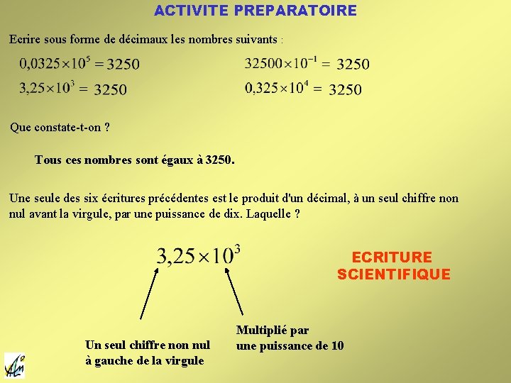 ACTIVITE PREPARATOIRE Ecrire sous forme de décimaux les nombres suivants : Que constate-t-on ? ACTIVITE PREPARATOIRE Ecrire sous forme de décimaux les nombres suivants : Que constate-t-on ?