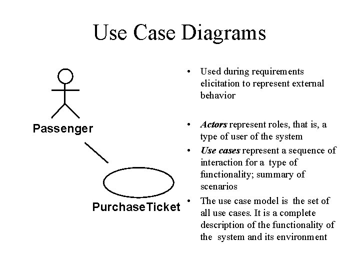 Use Case Diagrams • Used during requirements elicitation to represent external behavior • Actors