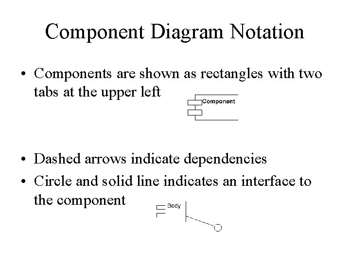 Component Diagram Notation • Components are shown as rectangles with two tabs at the