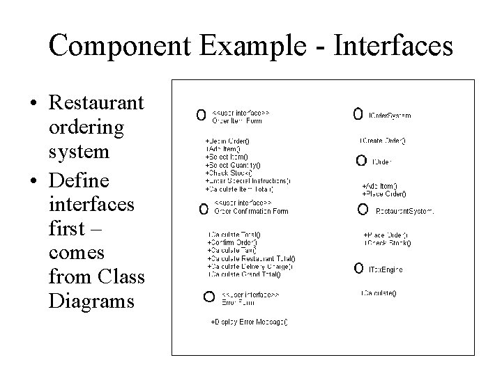 Component Example - Interfaces • Restaurant ordering system • Define interfaces first – comes
