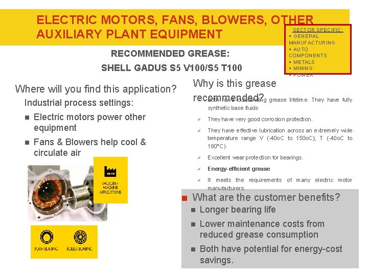 ELECTRIC MOTORS, FANS, BLOWERS, OTHER SECTOR SPECIFIC: § GENERAL AUXILIARY PLANT EQUIPMENT MANUFACTURING RECOMMENDED
