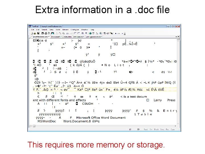 Extra information in a. doc file This requires more memory or storage. 