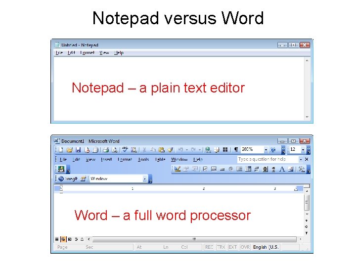 Notepad versus Word Notepad – a plain text editor Word – a full word