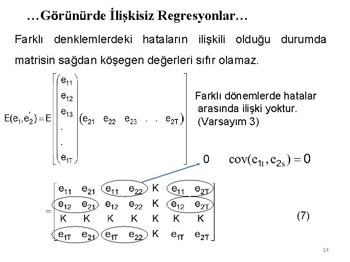 …Görünürde İlişkisiz Regresyonlar… Farklı denklemlerdeki hataların ilişkili olduğu durumda matrisin sağdan köşegen değerleri sıfır …Görünürde İlişkisiz Regresyonlar… Farklı denklemlerdeki hataların ilişkili olduğu durumda matrisin sağdan köşegen değerleri sıfır