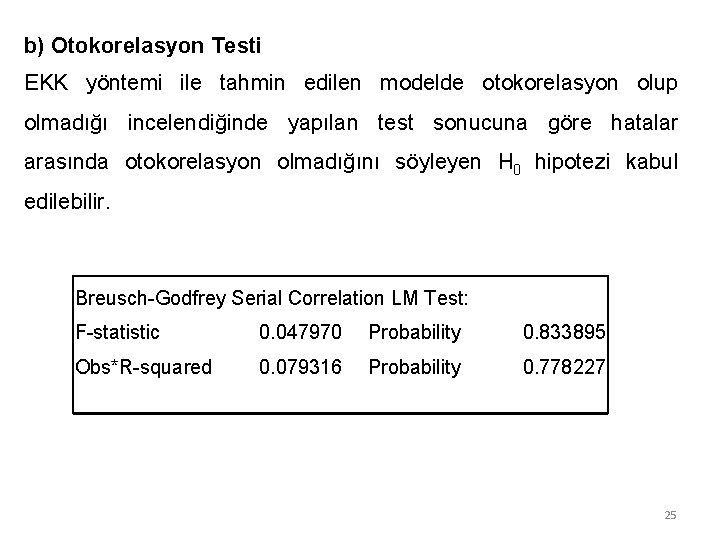 b) Otokorelasyon Testi EKK yöntemi ile tahmin edilen modelde otokorelasyon olup olmadığı incelendiğinde yapılan b) Otokorelasyon Testi EKK yöntemi ile tahmin edilen modelde otokorelasyon olup olmadığı incelendiğinde yapılan