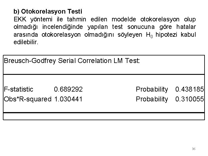 b) Otokorelasyon Testi EKK yöntemi ile tahmin edilen modelde otokorelasyon olup olmadığı incelendiğinde yapılan b) Otokorelasyon Testi EKK yöntemi ile tahmin edilen modelde otokorelasyon olup olmadığı incelendiğinde yapılan
