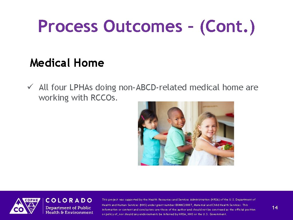 Process Outcomes – (Cont. ) Medical Home ü All four LPHAs doing non-ABCD-related medical
