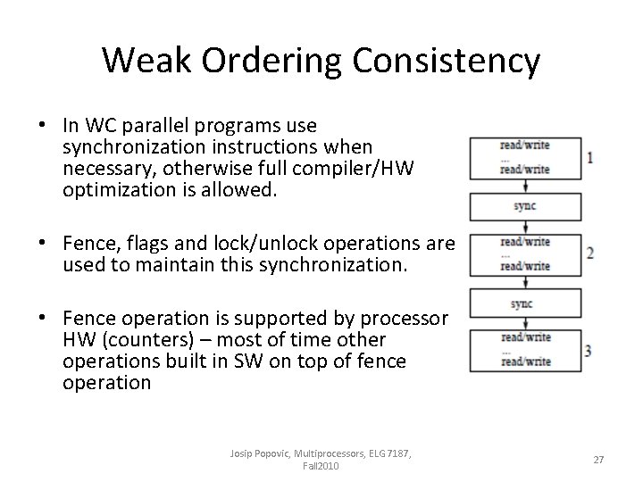 Weak Ordering Consistency • In WC parallel programs use synchronization instructions when necessary, otherwise