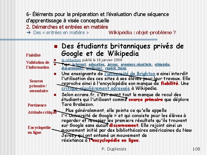 6 - Éléments pour la préparation et l’évaluation d’une séquence d'apprentissage à visée conceptuelle