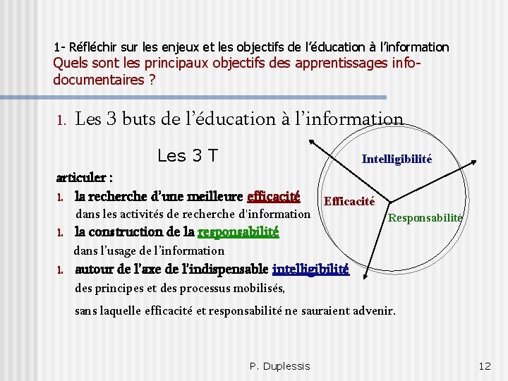 1 - Réfléchir sur les enjeux et les objectifs de l’éducation à l’information Quels