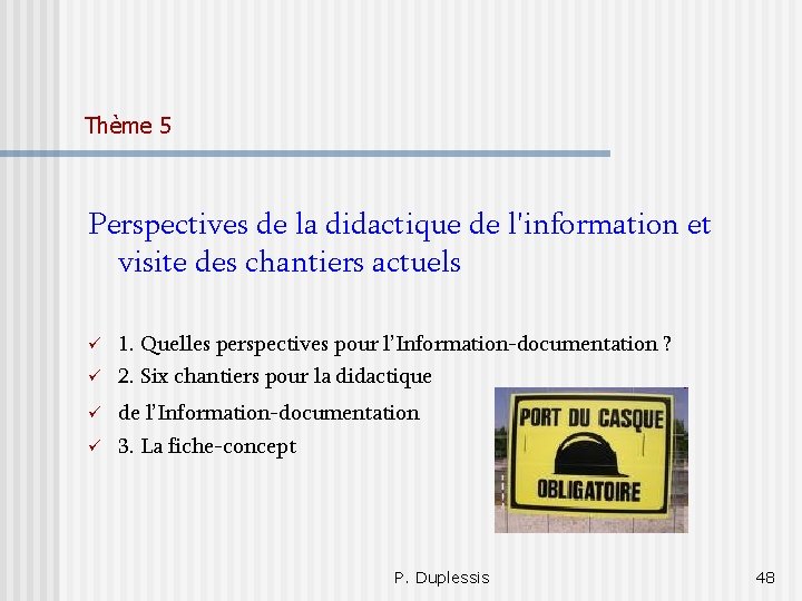 Thème 5 Perspectives de la didactique de l'information et visite des chantiers actuels 1.