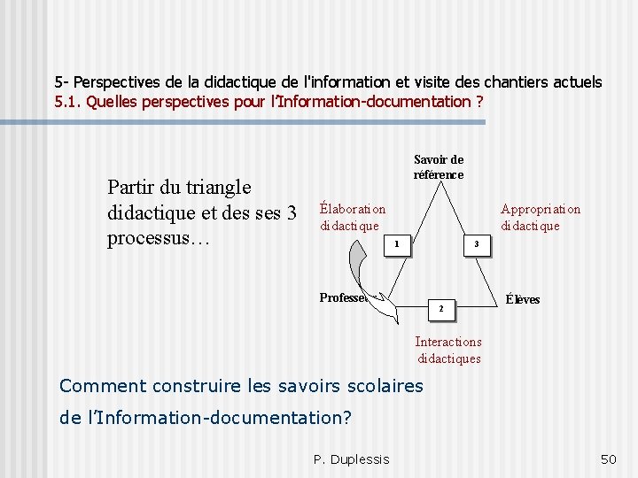 5 - Perspectives de la didactique de l'information et visite des chantiers actuels 5.